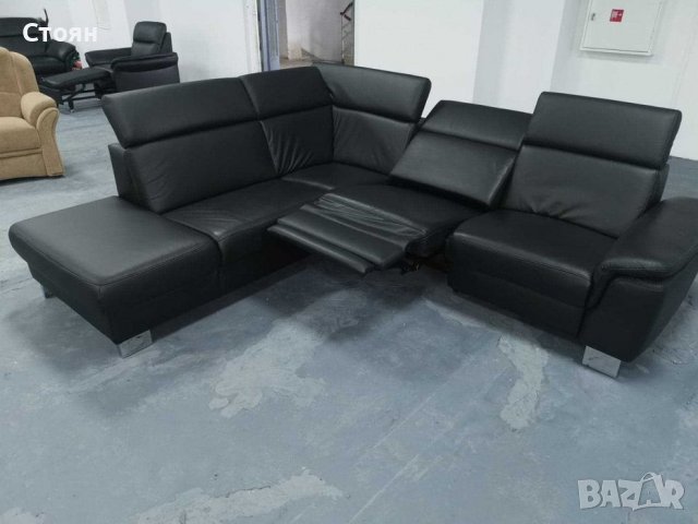Черен кожен ъглов диван "Boreas" с релаксиращ механизъм, снимка 9 - Дивани и мека мебел - 39394554