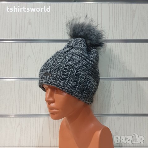 Нова зимна дамска шапка СилвърСтар сив меланж без подгъв в помпон/пух, снимка 6 - Шапки - 35512324