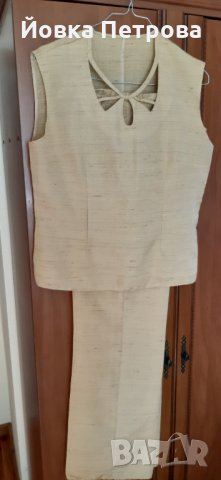 Продавам летен костюм дамски, от 3 части, изкуствен лен, прав панталон,  класически, с малко ластик в в Костюми в гр. Бургас - ID33688542 — Bazar.bg