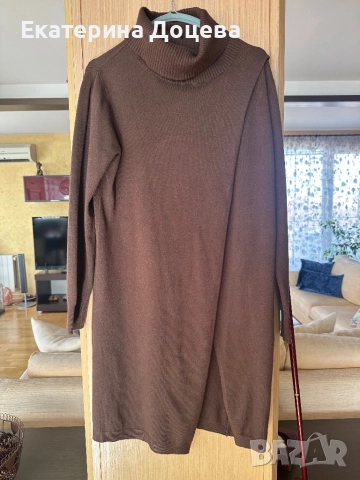 Кафява плетена туника/рокля с прехлупване