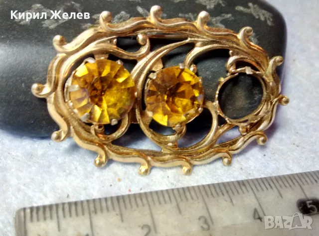 ИЗЯЩНА СТАРИННА ПОЗЛАТЕНА АР НУВО БРОШКА с ЮВЕЛИРНО ФАСЕТИРАН ЦИТРИН 29249, снимка 2 - Антикварни и старинни предмети - 48734068