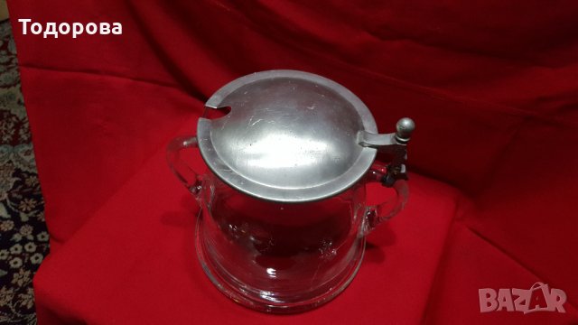 Голям стъклен съд с метален капак., снимка 4 - Антикварни и старинни предмети - 27367912