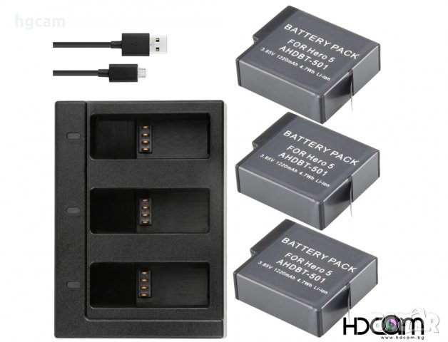 Комплект Зарядно устройство, Тройно + 3бр. Батерии за GoPro Hero 5/6/7