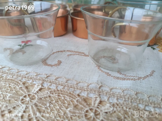 Комплект 6 чаши от боросиликатно стъкло, с медни подстакани И меден поднос, снимка 9 - Сервизи - 51064198