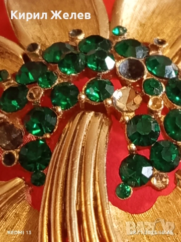 Брошка с златист тон във формата на цвете със ЗЕЛЕН ИЗУМРУД 31904, снимка 4 - Други - 52570626