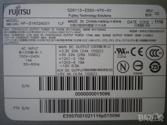 Захранване 1000W Fujitsu HP-S1K02A001 S26113-E550-V70-1 Celsius R670, R570, снимка 2 - Захранвания и кутии - 43051163