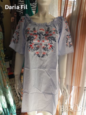 Светлосиня памучна рокля тип риза с бродерия и ластик около деколтето, снимка 5 - Рокли - 36625322