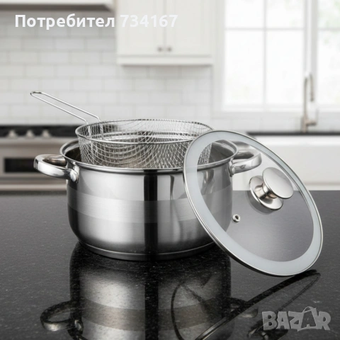 Тенджера с кошница за пържене и стъклен капак Cheffinger Ø24 см – инокс, 6,5 л, за всички котлони, снимка 4 - Съдове за готвене - 53302194