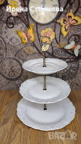 Поднос за сервиране на сладки с три нива. Чинии Alt Tirschenreuth 1838 Baronesse Green(1969-1995).