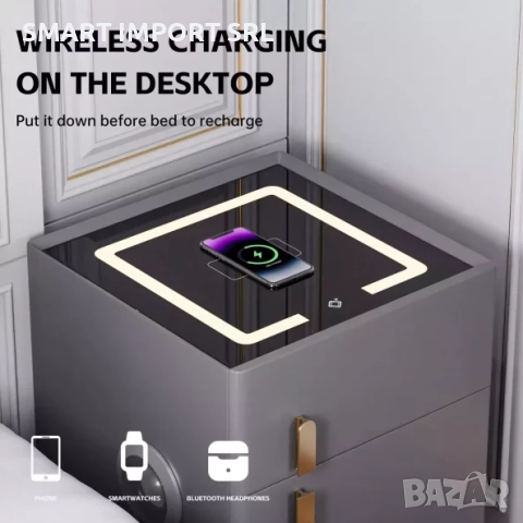 Интелигентно нощно шкафче Smart Heater, сейф, Led осветление, сив, снимка 2 - Шкафове - 51999020