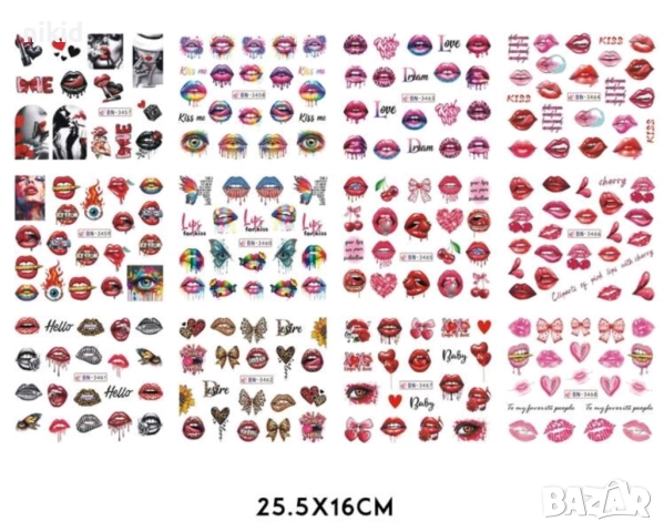 Устни уста целувка целувки 12 в 1 лист татос слайдер ваденки водни стикери за нокти маникюр, снимка 4 - Продукти за маникюр - 51598410