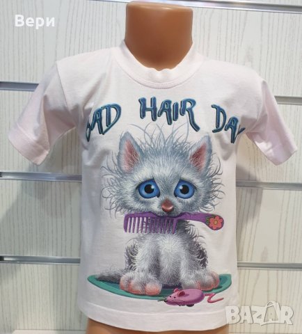 Нова детска тениска с трансферен печат Котенце Bad Hair Day
