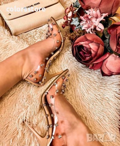 Обувки на ток - бежови с бели камъчета - 80