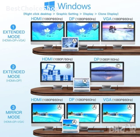 USB-C Докинг станция 12 в 1 Хъб с 3 монитора DP HDMI VGA адаптер – Лаптоп док, снимка 7 - Кабели и адаптери - 53519449