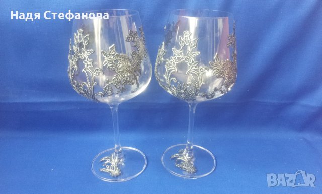 Две кристални сватбени  чаши Бохемия bohemia с метални орнаменти неползвани, снимка 7 - Други - 40455671