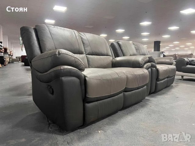 Двуцветни сиви кожени дивани две двойки "Pluto" с релаксиращ механизъм, снимка 9 - Дивани и мека мебел - 40740181