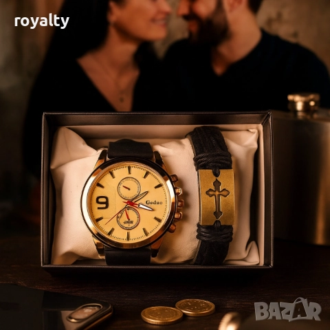Мъжки комплект Geduo – елегантен часовник със златист циферблат и кожена гривна в подаръчна кутия, снимка 5 - Бижутерийни комплекти - 52122305