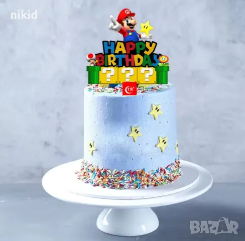 Супер Марио Super Mario цветен пластмасов топер украса табела за торта рожден ден, снимка 5 - Други - 33087941