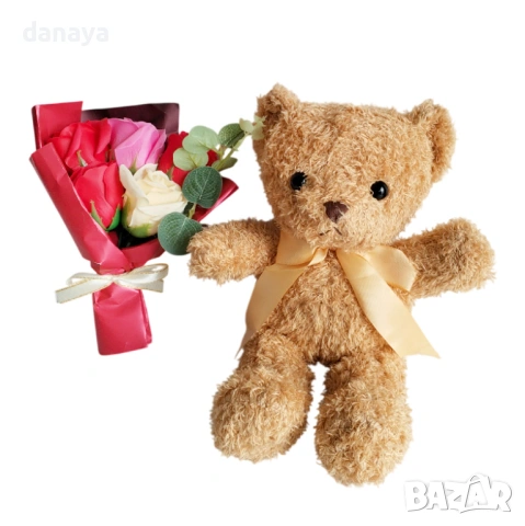 6376 Плюшено мече с букет рози в подаръчна кутия, романтичен подарък, 27 см, снимка 8 - Декорация за дома - 53291418