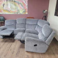 Сив ъглов диван от плат с ръчен релаксиращ механизъм, снимка 6 - Дивани и мека мебел - 43896533