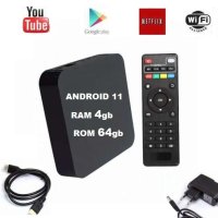 Android 11 Wifi Смарт ТВ бокс, TV box 4GB Ram  64GB Rom, Google Play, YouTube,, снимка 1 - Приемници и антени - 43347663