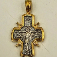 Двулицев сребърен кръст с 24 Карата позлата, снимка 2 - Колиета, медальони, синджири - 36469379
