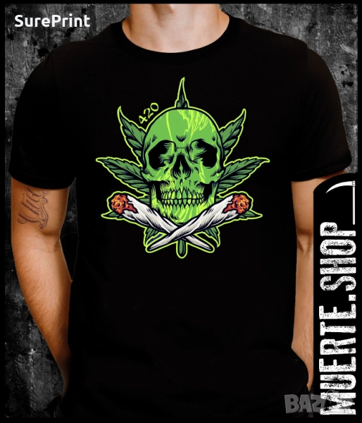 Черна тениска с щампа CROSSED BLUNTS SKULL, снимка 1