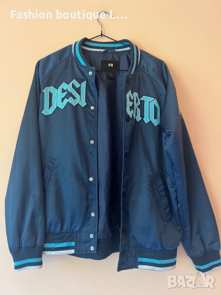 Синьо дамско спортно яке тип бомбър от сатен с подплата на марката H&M размер М с джобове отстрани , снимка 1
