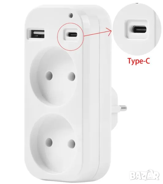 Мулти Зарядно Мини Портативен Универсален Разклонител USB Женско + USB Type-C 220V 10A 5V 2.1A Max, снимка 1