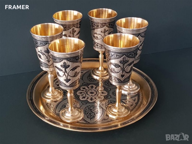 Сервиз 6 сребърни Чашки Чаши ниело позлата Руски Русия сребърна чаша, снимка 1
