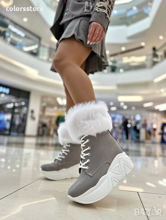 Боти на платформа - сив велур с бял пух и бяло ходило - BPH1 , снимка 1
