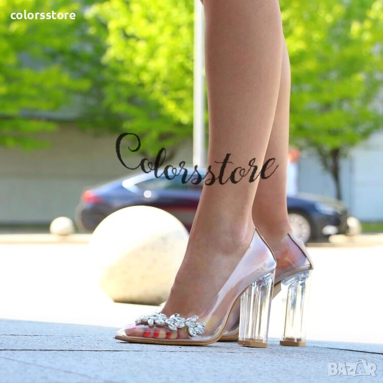 Обувки на ток - прозрачен силикон с бежов акцент - 8202, снимка 1