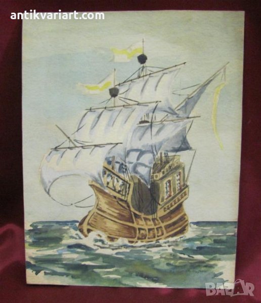 Стара Оригинална Картина акварел Кораб, снимка 1