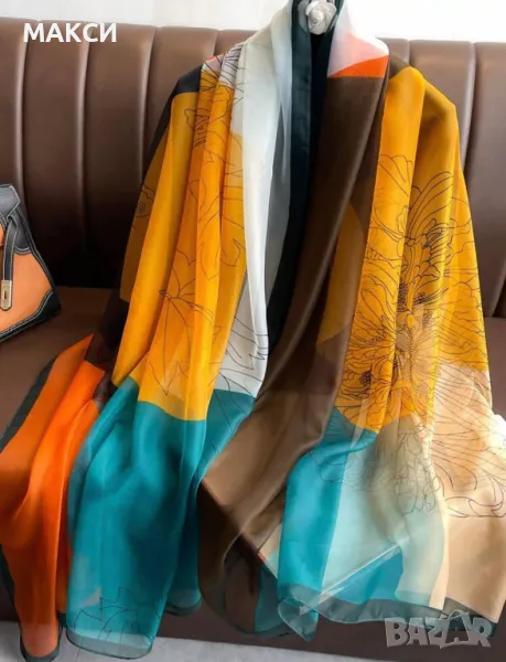 Красив елегантен ефирен широк и дълъг копринен шал в пастелни красиви цветове, снимка 1