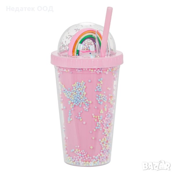 Пластмасова чаша, Confetti Rainbow, със сламка и капак, 450 мл, снимка 1