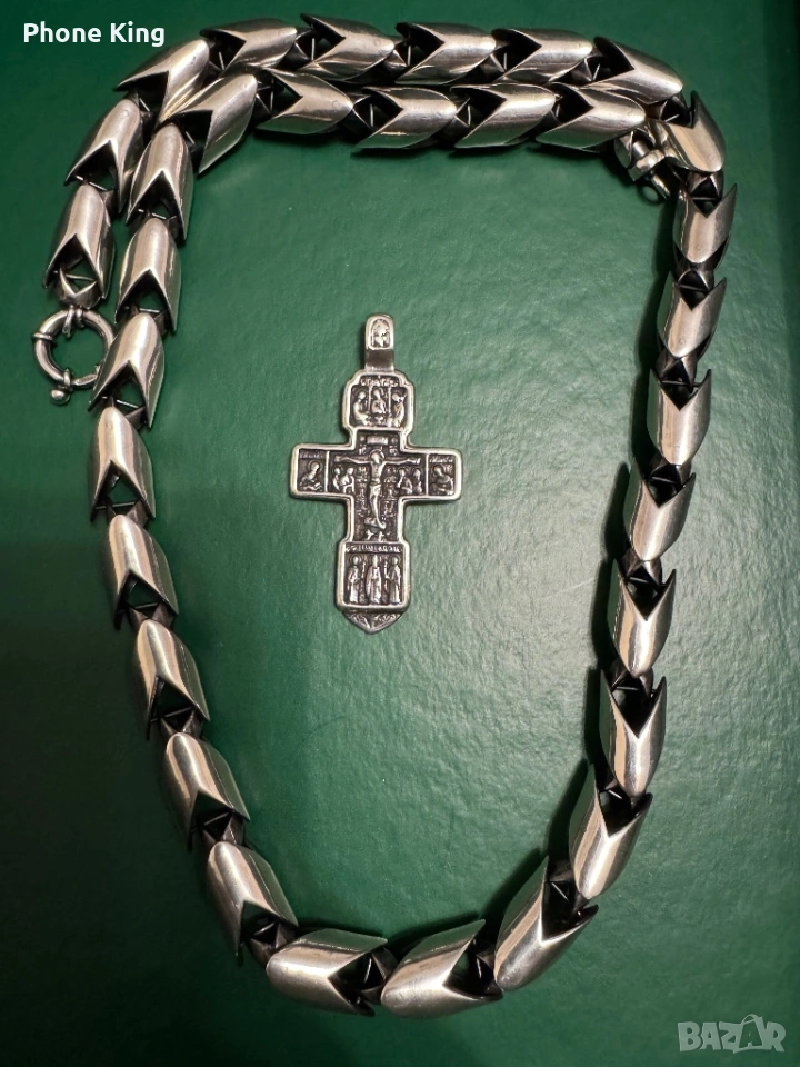  Масивен сребърен ланец с ръчно изработен кръст, снимка 1