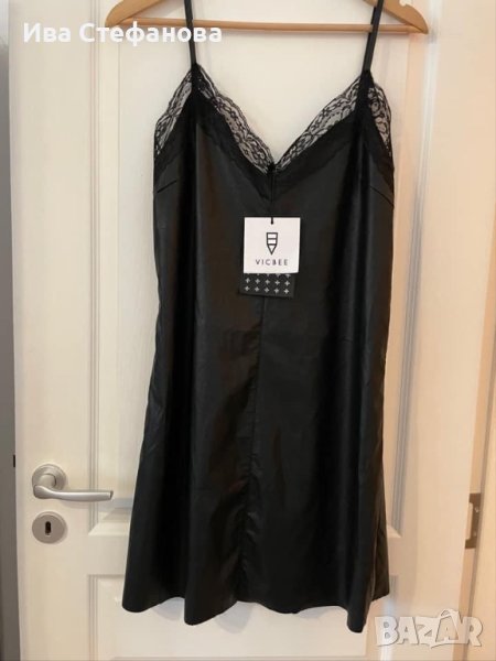 Нова кожена черна елегантна парти коктейлна разкошна рокля етикет тип комбинезон, снимка 1