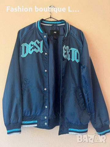 Синьо дамско спортно яке тип бомбър от сатен с подплата на марката H&M размер М с джобове отстрани 