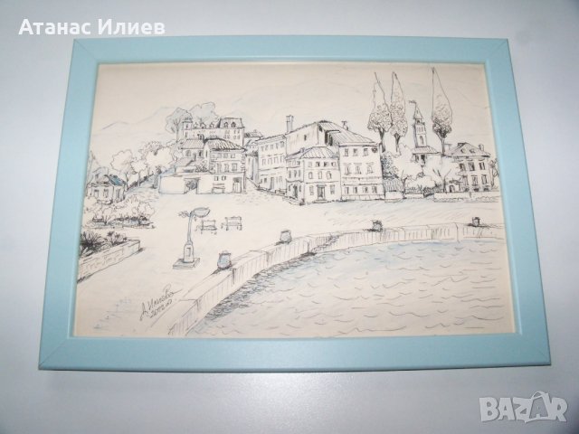 Градски пейзаж 2, графика на художничката Десислава Илиева, подписана.