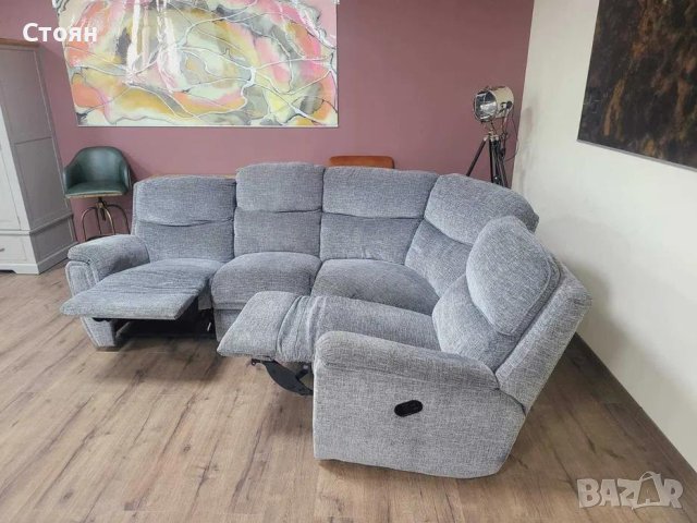 Сив ъглов диван от плат с ръчен релаксиращ механизъм, снимка 6 - Дивани и мека мебел - 43896533