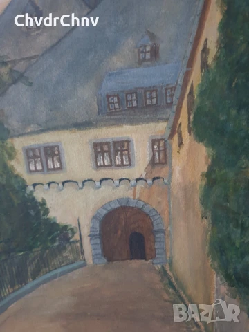 Чифт стари малки картини акварел върху картон/замъци/1912/картина в дървена рамка 41х31см, снимка 3 - Картини - 51192322