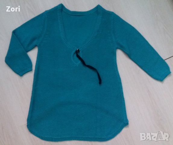 Тюркоазена блуза с отворен гръб  - рехаво памучно плетиво, снимка 2 - Блузи с дълъг ръкав и пуловери - 27861511