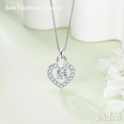 Ново Сребърно колие 925 със сърце и Moissanite камък подарък жена бижу, снимка 3 - Колиета, медальони, синджири - 51590592