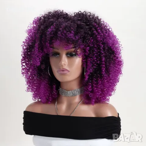 Афро къдрава омбре перука с лилави краища, снимка 5 - Аксесоари за коса - 50237828