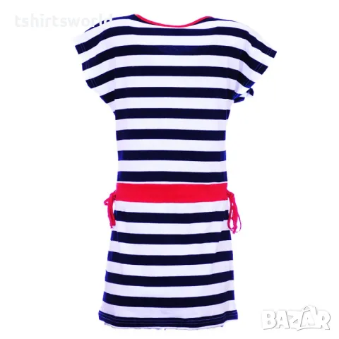 Нова дамска моряшка рокля на тъмносиньо и бяло райе, с червено коланче, снимка 2 - Рокли - 48415133