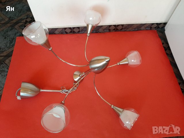 Качествена Лампа Полилей Инокс за Таван с 5 Стъкла/Камбанки , снимка 5 - Лампи за таван - 39177429