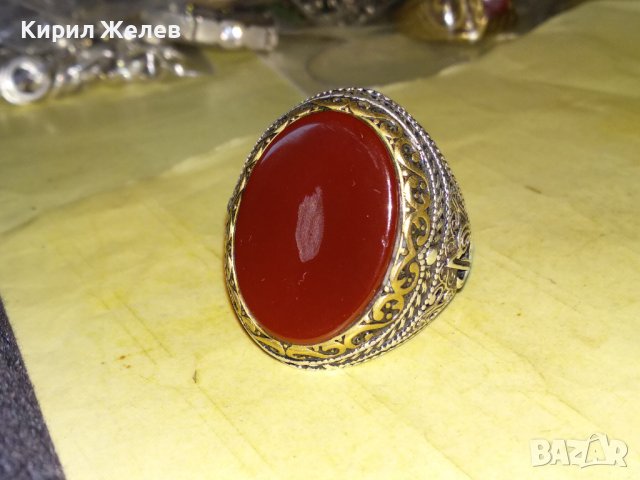 ОГРОМЕН СТАР ТУРСКИ СРЕБЪРЕН СКЪПОЦЕНЕН РЕТРО ПРЪСТЕН СРЕБРО 925 с ПОЛИРАН КАРНЕОЛ в ПОЗЛАТА 30747, снимка 10 - Антикварни и старинни предмети - 40575365