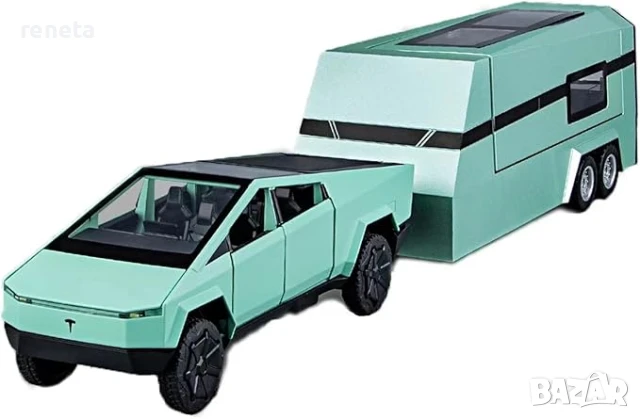Кола с каравана, Тип Tesla Cybertruck, Метална, 1:24 мащаб, Звук и светлина, Зелена, Без кутия