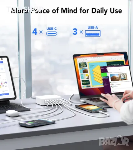 USB C 7-портов адаптер, бързо зарядно, 180 W за MacBook Pro/Air iPad Pro iPhone Galaxy S23 Note 20, снимка 2 - Оригинални зарядни - 49500133