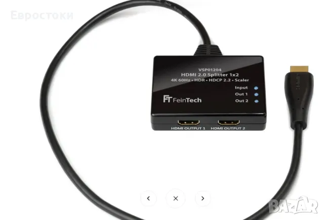 Разопаковано Цена: 40 лв. FEINTECH VSP01204 HDMI ULTRA-HD 4K 60HZ HDR сплитер 1 вход 2 изход вкл, снимка 2 - Стойки, 3D очила, аксесоари - 47902528